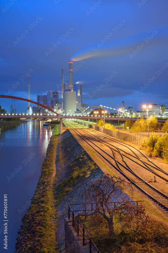Evening View of a modern Coal Plant in Mannheim, Germany - obrazy, fototapety, plakaty 