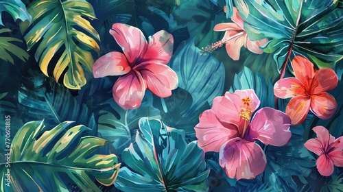 Tropical retro wallpaper in watercolor style. © Khalif