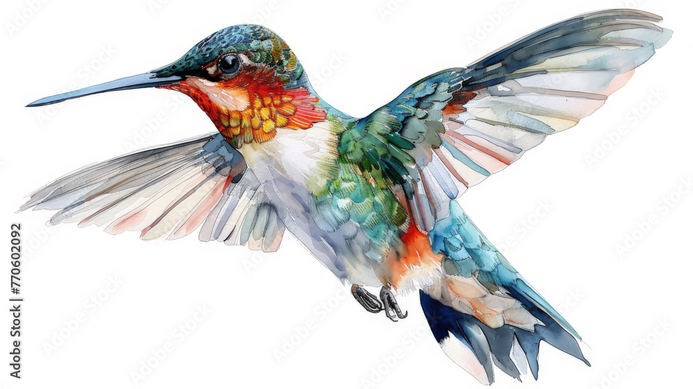 Obraz premium Hand-drawn clipart of a pastel, watercolor hummingbird in mid-hover, delicate wings a blur of soft colors, isolated on white