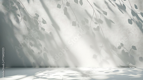 light background with blurred foliage shadow on a white wall. Beautiful background for presentation  photo