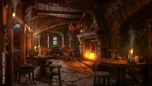 Dark moody medieval tavern inn interior with food and drink on tables, burning open fireplace, flickering candles and daylight through a window. 3D rendered animation. photo