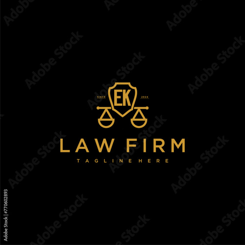 EK initial monogram for lawfirm logo with scales shield image