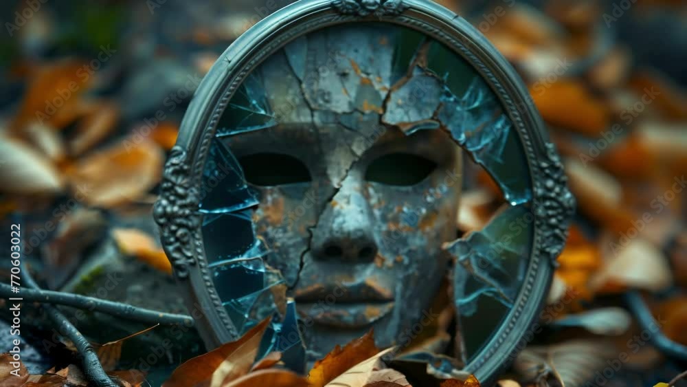 A broken mirror with shards tered around a mask symbolizing the lies and deceit behind the mask.