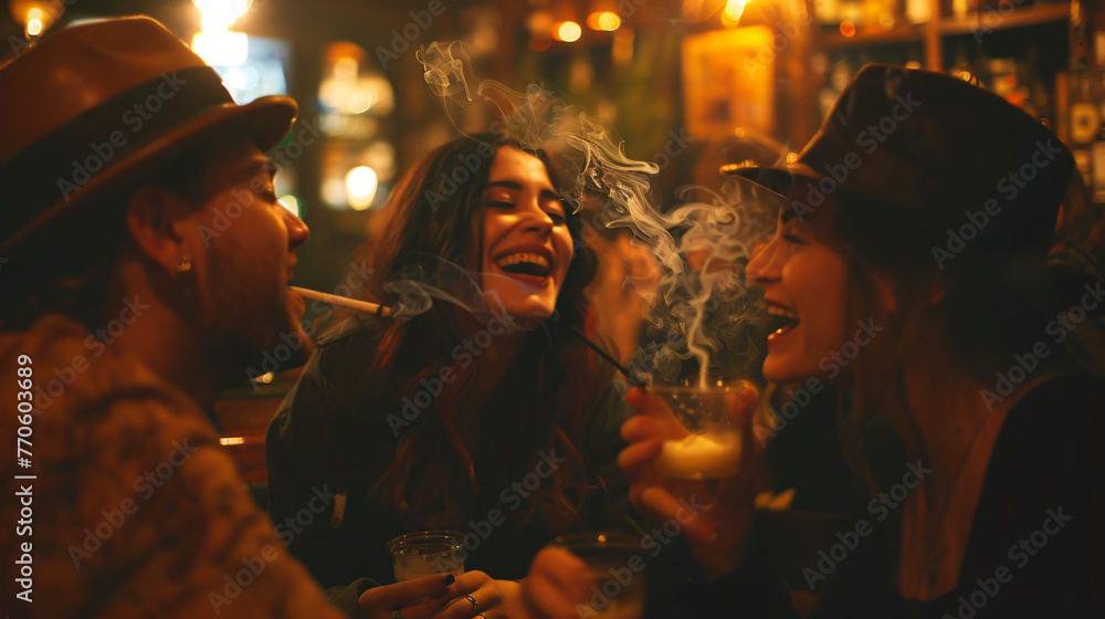 A group of friends laughing and smoking in a dimly lit vintage bar.