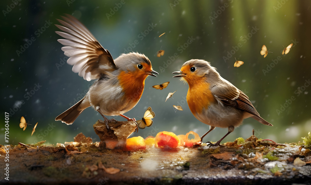 Two robin birds in the rain with food in its beak