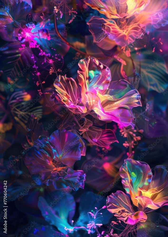 Obraz premium \abstract digital flora and fauna, bioluminescent tech nature thriving in harmony,Generative AI