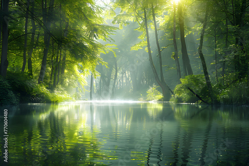 Mesmerizing Serenity - A Lush Forest Landscape with a Calm, Reflective River Bathed in Warm Sunlight © Tom