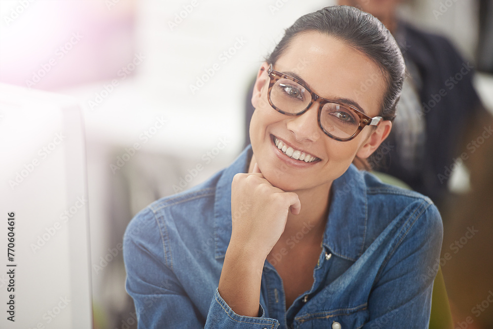Woman, office and smile with glasses as employee in business, company and growth as web designer. Portrait, female person and startup in happiness at work for creative career and satisfied. Woman, office and smile with glasses as employee in business, company and growth as web designer. Portrait, female person and startup in happiness at work for creative career and satisfied.