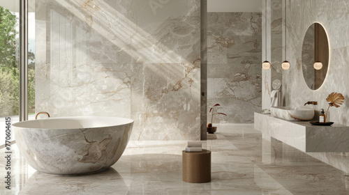 An elegant bathroom featuring a freestanding bathtub surrounded by marble walls and floor, accented with natural sunlight photo