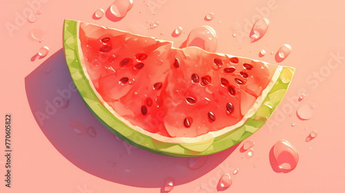 A close-up of a fresh watermelon on a pink background. Watermelon cut into a piece with clearly visible red flesh and black seeds