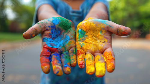 child's hands covered with different colors of paint