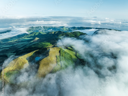 Aerial view of Seven Lakes, Sao Miguel Island, Vulcanic lake, Capelas, Azores, Portugal. photo