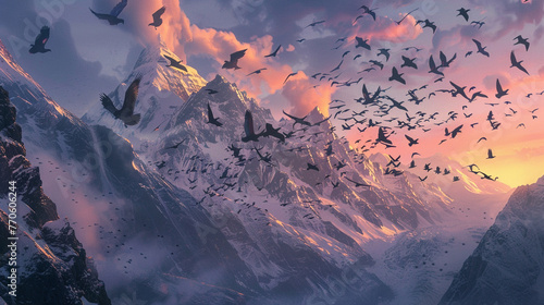 A flock of migratory birds soaring over a rugged mountain landscape, their wings silhouetted against the backdrop of snow-capped peaks and icy glaciers. 32K. photo