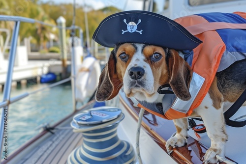 beagle in a sailors hat and lifejacket on a yacht photo