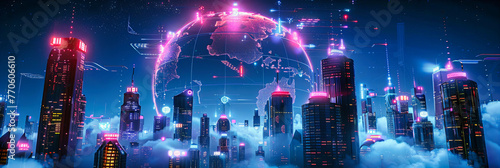 Global Network Concept over a Futuristic Cityscape, Symbolizing Connectivity and Digital Advancements