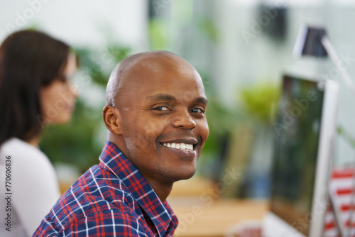 African man, portrait and smile with happy creative career, web designer in office with businessman. Company, professional employee in workspace for job, confident black person in digital design