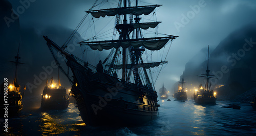 three boats sail through the water at night