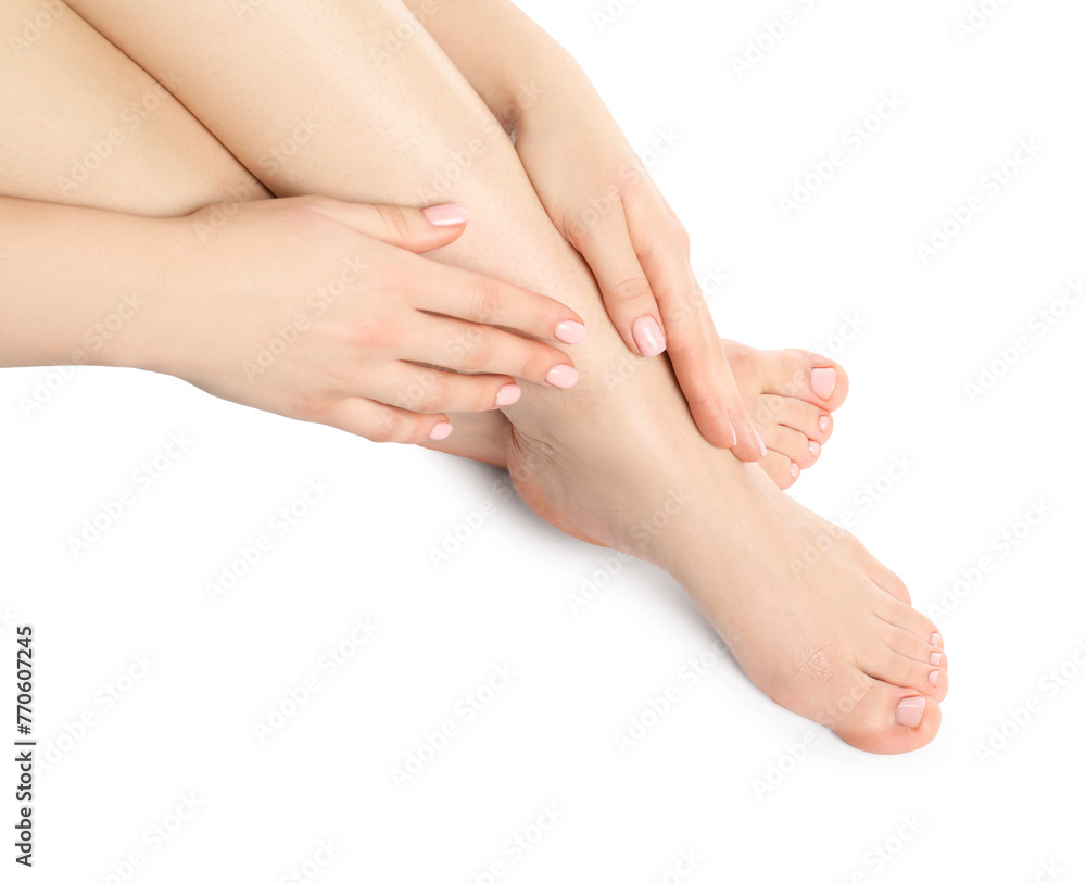 Woman with neat toenails after pedicure procedure isolated on white, closeup