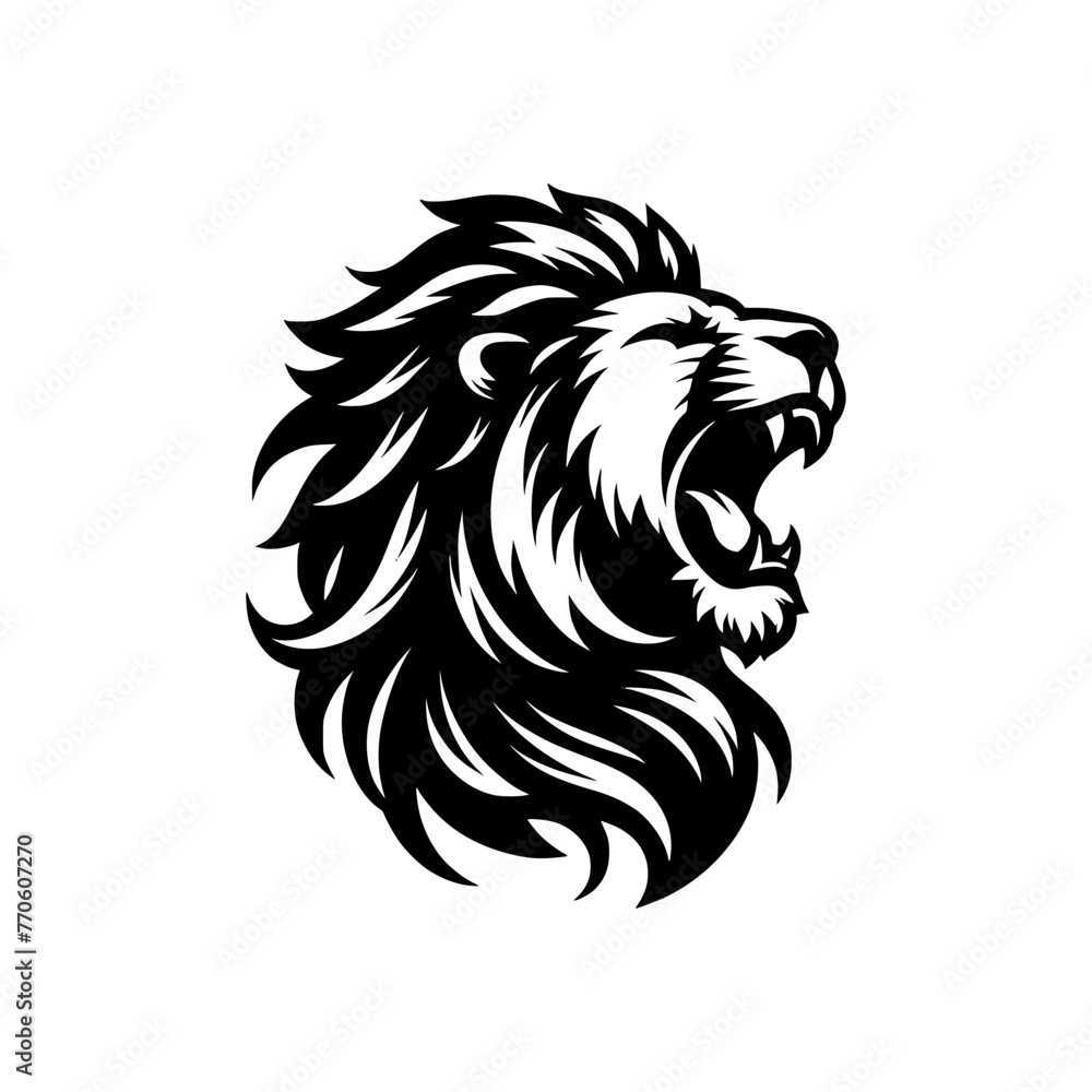 Vector logo of a roaring lion. Black and white illustration of a king of the jungle.