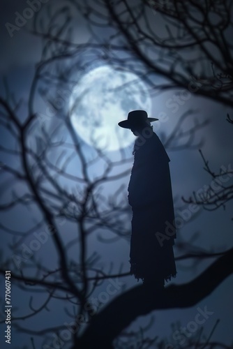 Mysterious silhouette against the backdrop of an ominous moonlit night a sense of anticipation fills the air