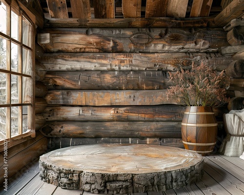 Rustic log podium in a mountain cabin suitable for outdoor gear exhibitions photo