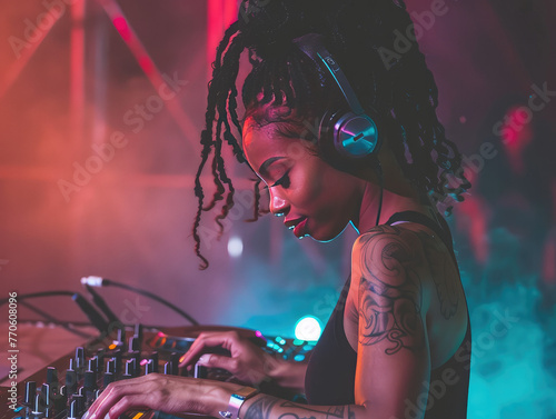 Cute Hot Beautiful Female Sexy DJ Playing Live in Tanktop, African American Woman