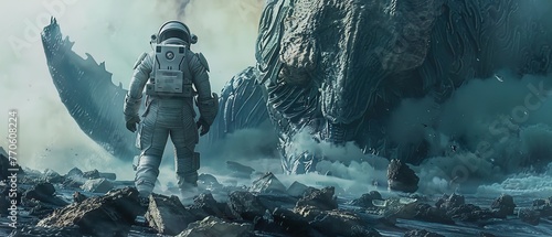 Scifi meets prehistory with an astronaut confronting deepsea behemoths photo