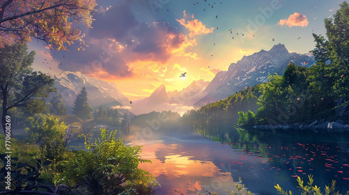 A picturesque sunrise paints the sky with a symphony of colors over a tranquil mountain lake  surrounded by lush forests in the midst of summer. The tranquil waters mirror the beauty of the scene  