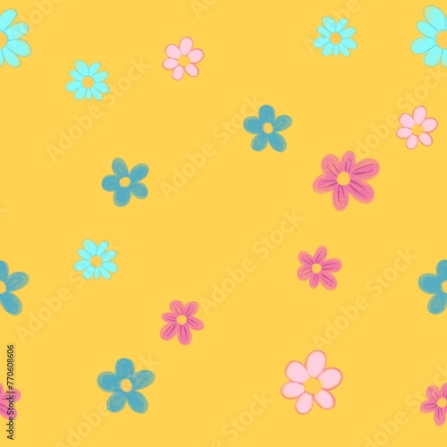 seamless pattern with flowers. Pink and blue flowers on a yellow background. Summer print for fabric, wrapping paper, baby apparel
