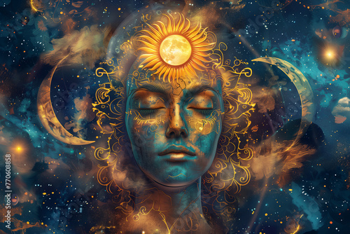 Astral Dreamer in Celestial Slumber, Sun and Moon Harmony Art