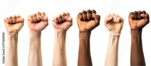 Multi ethnic fists raised up in sign of protest and social unrest, cut out, isolated on transparent background.  photo