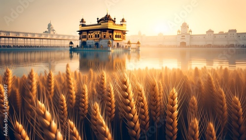 Realistic illustration of the golden temple with wheat field during the celebration of baisakhi. photo