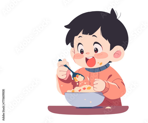 A cheerful cartoon child eating food, mealtime.
