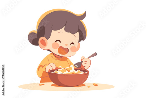 Happy child enjoying a bowl of cereal. Flat vector illustration.