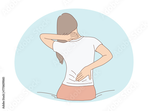 woman holding hand on neck because of back pain.Neck injury. hand drawn style Vector illustration