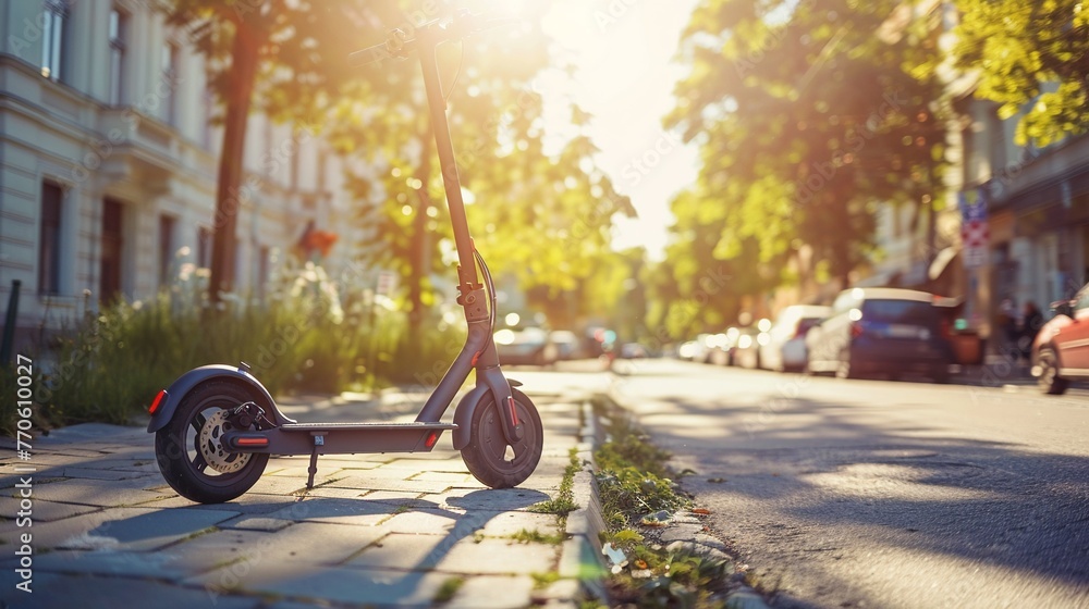 Electric scooter on urban street, bright day, clean energy transport , 8K resolution - obrazy, fototapety, plakaty 