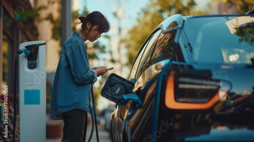 Young female charging her electric car at a city charging station while looking at her phone.