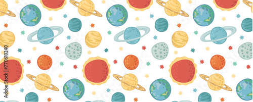 Galactic space seamless pattern with planets and stars. Children's illustration in flat style. Vector wallpaper background for children's room. Planets of the solar system on a light background.