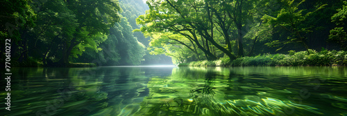Mesmerizing Serenity - A Lush Forest Landscape with a Calm, Reflective River Bathed in Warm Sunlight © Tom
