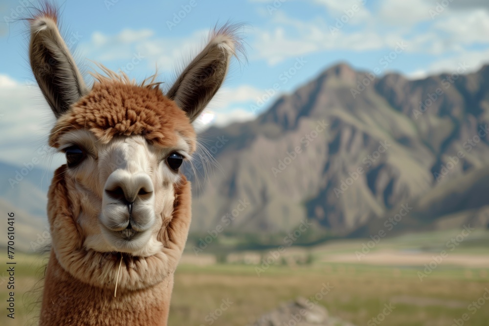 closeup of an alpacas face with mountains in the backdrop