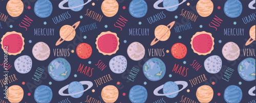 Galactic space seamless pattern with planets and stars. Children's illustration in flat style. Vector wallpaper background for children's room. Planets of the solar system on a dark background.
