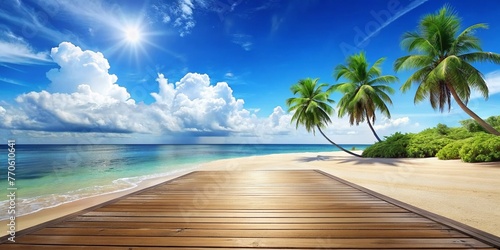 Summer panoramic landscape, nature of tropical beach with wooden platform, sunlight. Golden sand beach, palm trees, sea water against blue sky with white clouds. Copy space, summer vacation concept.
