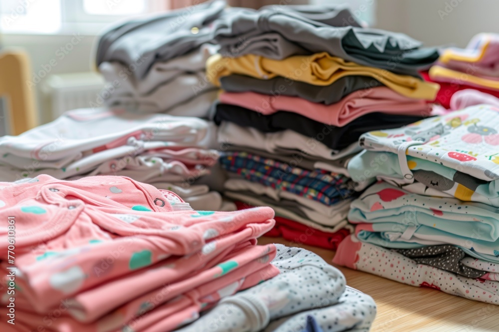piles of baby clothes neatly folded on a table piles of baby clothes neatly folded on a table
