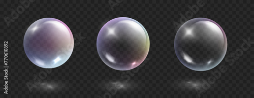 Realistic soap bubbles with rainbow reflection. Rainbow colorful iridescent glass balls or spheres isolated on dark transparent background