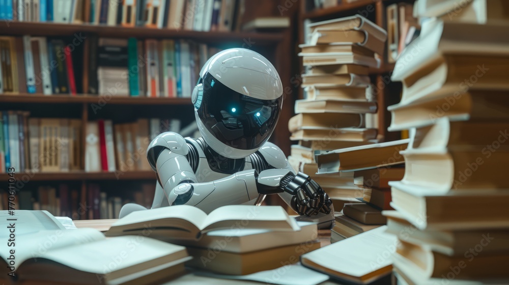 AI robot reading a book in the library. collaboratively studying from a vast array of textbooks. Machine learning, Innovation, futuristic technology concept AI robot reading a book in the library. collaboratively studying from a vast array of textbooks. Machine learning, Innovation, futuristic technology concept