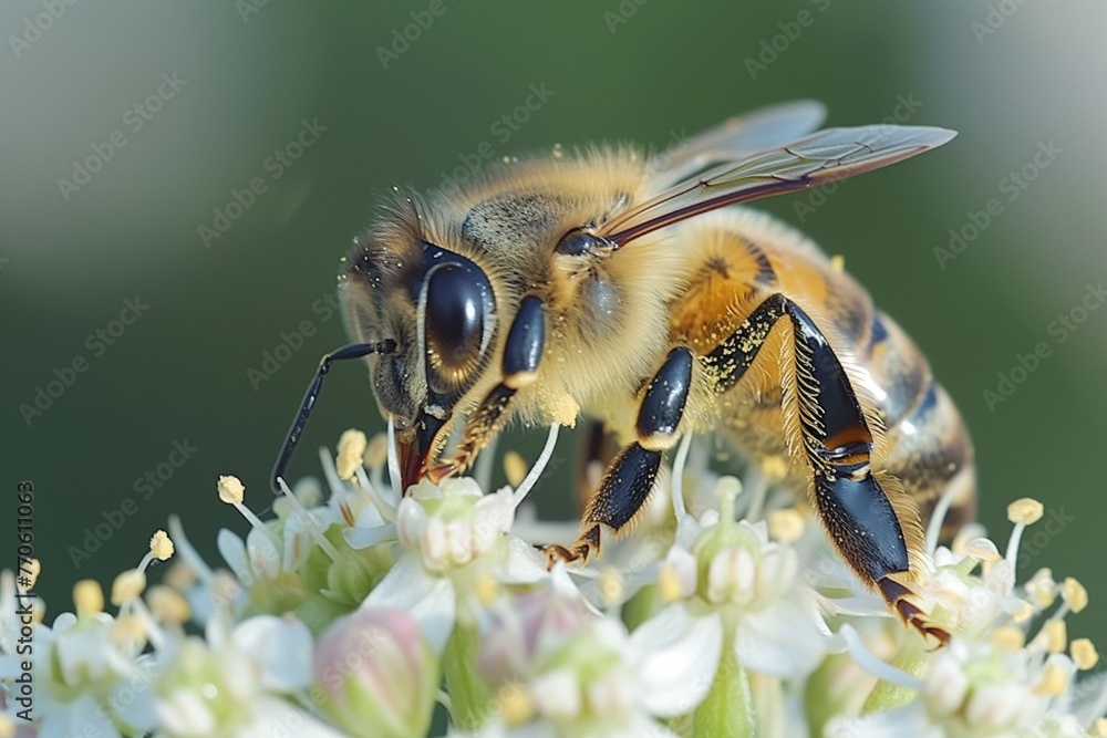 Fototapeta premium close shot of bee on flower at dawn