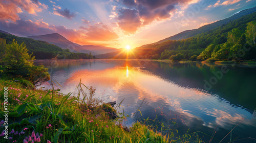 A stunning sunrise paints the sky with vibrant hues of orange and pink over a serene mountain lake, surrounded by lush greenery in the heart of summer. 