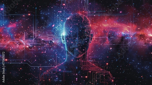 A human silhouette filled with cosmic knowledge contrasted with AI circuits photo