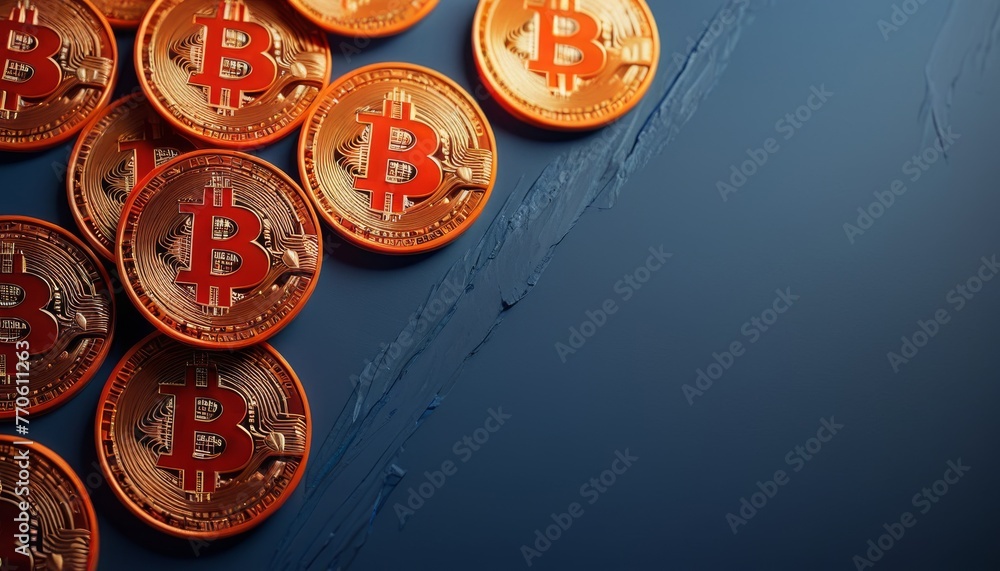 A dynamic display of Bitcoin coins cascading down a vibrant blue background. The image conveys the fluctuating nature of cryptocurrency.