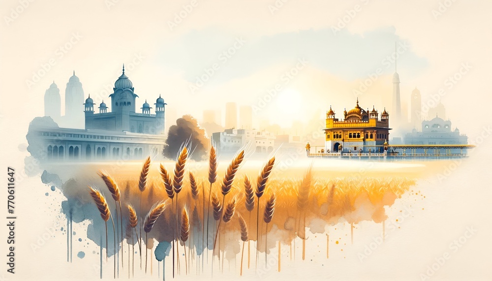 Watercolor illustration of baisakhi background with iconic elements and place for text. - obrazy, fototapety, plakaty 